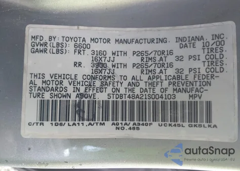 2001 Toyota Sequoia Limited z USA, uszkodzony, nr VIN 5TDBT48A21S004103